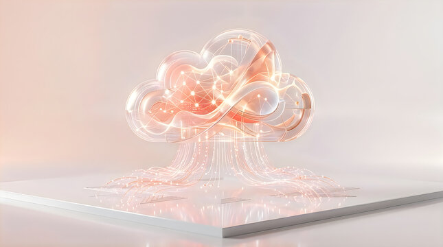 Glass cloud formation with glowing internal light and network connections on a white table cloud computing digital cloud data storage database