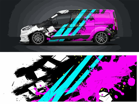 Colorful abstract car wrap design with vibrant stripes.
