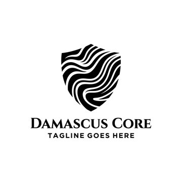 Damascus core shield logo with wavy pattern.