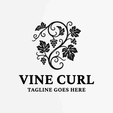 Decorative grapevine logo with leaves and ornate swirls.