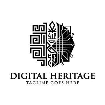 Digital heritage logo featuring a split mask with circuit boards.