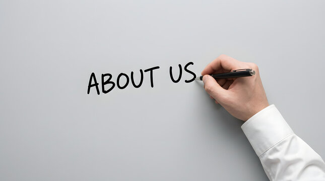 A hand writing the words about us on a clean white surface