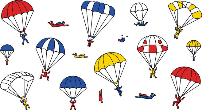 Skydivers and parachutists performing extreme sports actions while falling through the sky during an outdoor aerial adventure