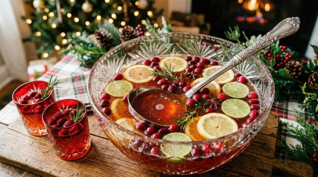 Festive christmas holiday punch bowl with cranberries, citrus slices, and rosemary garnish