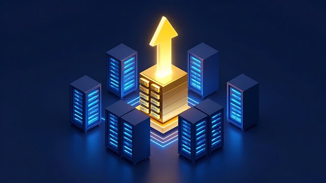 3D isometric data center server racks with a glowing yellow upward growth arrow representing cloud computing and network infrastructure optimization