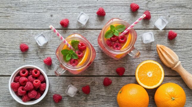Fresh homemade raspberry orange lemonade in glass mason jars on rustic wooden table
