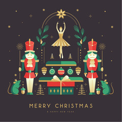 Fototapeta premium Modern Christmas poster, banner or holiday greeting card with nutcrackers, ballerina, mouse king, Christmas tree and baubles. Flat design. Vector illustration