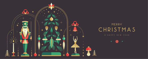 Fototapeta premium Modern Christmas poster, banner or holiday greeting card with nutcracker, ballerina, Christmas tree and baubles. Flat design. Vector illustration