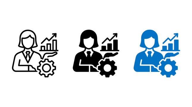 Set of business professional female icons with a growing bar chart and gear