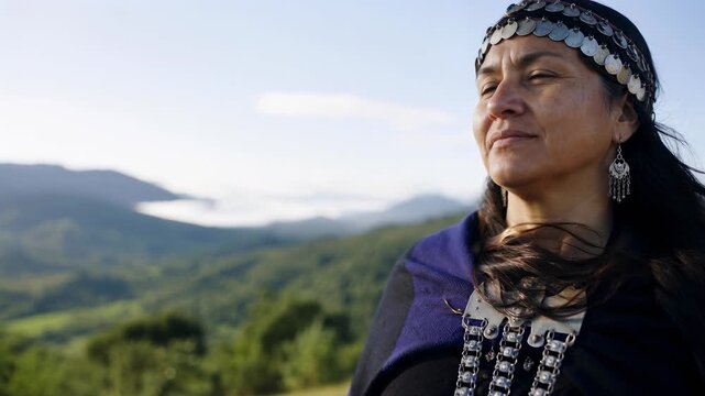 Mapuche woman in traditional dress overlooking Patagonian mountains with copy space