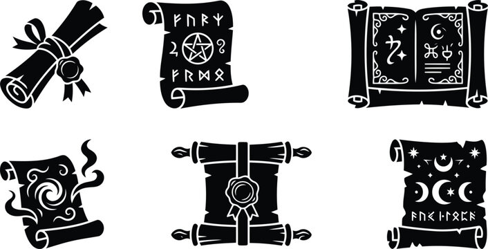 Collection of mystical scrolls and an open grimoire with arcane symbols against a white background
