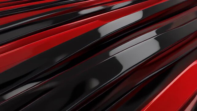 Abstract 3D render of red and black glossy parallel stripes forming a dynamic wavy pattern.