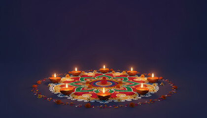 Fototapeta premium Traditional diwali diya lamps glowing on a colorful decorative rangoli pattern background with oil lamp festival lights dark background decorative art