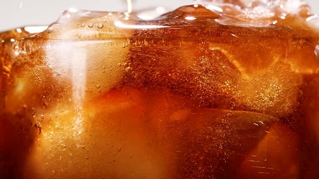 Slow motion closeup pouring cola with ice cubes and bubbles, soft drink texture
