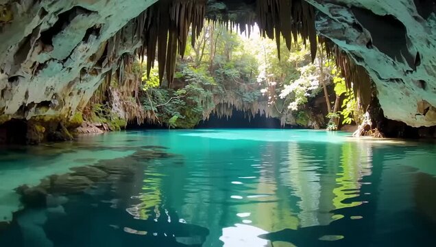Crystal clear turquoise water inside mysterious limestone Kururu Kua sinkhole cave in Paraguay.