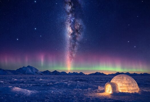 Arctic igloo under the Milky Way and vibrant aurora borealis with snow covered landscape