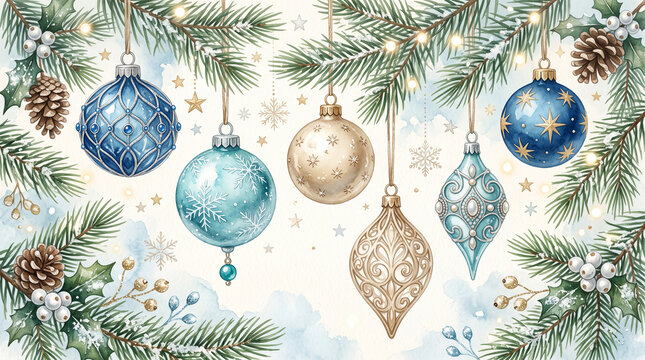 Watercolor christmas illustration with pine branches, blue and gold baubles, pinecones, and snowflakes