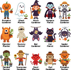 Obraz premium Halloween gardening characters set, 15 cute monster gardener and farmer icons, spooky autumn harvest vector collection for seasonal decor isolated on White Background Halloween ,Editable Eps