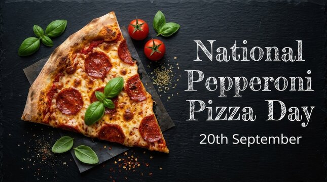 A slice of delicious pepperoni pizza on a black slate background for national pepperoni pizza day