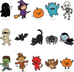 Fototapeta premium Kawaii Halloween characters vector set, cute spooky monsters and spooky creatures collection, 15 hand drawn cartoon icons for autumn holiday isolated on White Background Halloween ,Editable Eps