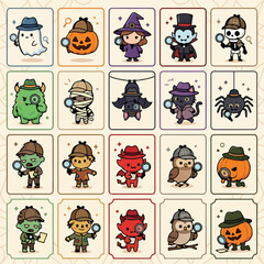 Obraz premium Kawaii Halloween detective monsters collection, 20 cute spooky character icons with magnifying glasses, cartoon mystery investigator vector set isolated on White Background Halloween