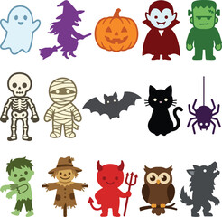 Obraz premium Halloween character vector set, 15 spooky cartoon icons, cute monster and ghost illustrations for holiday party invitations and decor isolated on White Background Halloween ,Editable Eps