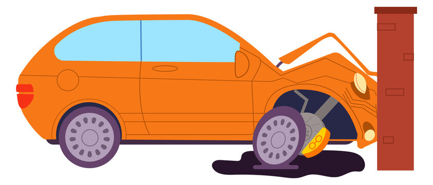 Broken auto icon. Crashed car accident with street pole