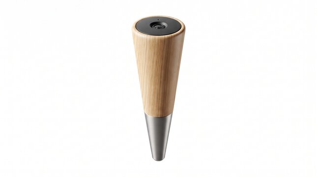 Modern wooden furniture leg with metal tip, tapered oak sofa foot, replacement mid-century cabinet hardware for interior design isolated PNG with Transparent Background