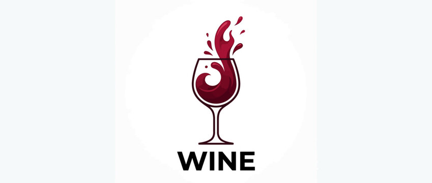Red wine glass logo with fluid splash icon on white background, minimalist branding concept