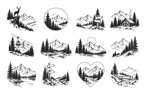 Vector sketch collection of forest landscapes with mountains