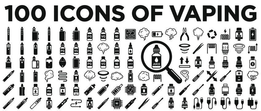 Vaping and electronic cigarette icon set, vape device elements on white background
