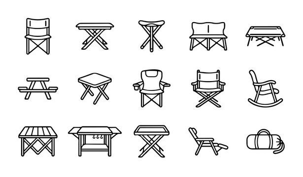 Untitled design - 1 Camping Furniture Setup Outline Icons &ndash; Folding Chairs, Tables, Stools, Cots and Portable Outdoor Equipment