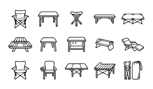Untitled design - 3 Camping Furniture Setup Outline Icons &ndash; Folding Chairs, Tables, Stools, Cots and Portable Outdoor Equipment