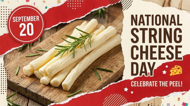 National string cheese day celebration with fresh cheese sticks on a wooden board