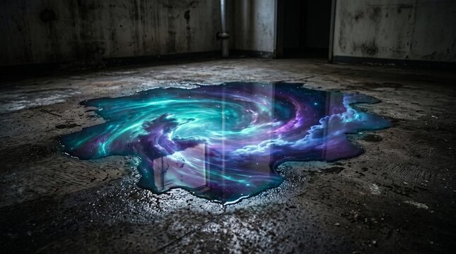 Spilled glowing sky and cloud patterns in a dark liminal concrete room. Surreal reality warp background.