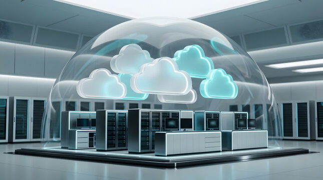 Modern server room with glowing blue clouds above the data center computer racks