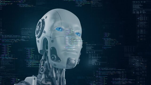 Motion graphic of a humanoid robot for cybersecurity programming, featuring glowing code and artificial intelligence elements that highlight advanced robotics technology in a modern system.