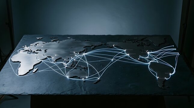 Metallic dark world map sculpture featuring illuminated glowing shipping routes and interconnected global logistics network lines for conceptual business and international trade technology background