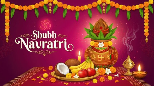 Shubh navratri greeting card with kalash, marigold flowers, fruits, and diya on a festive background