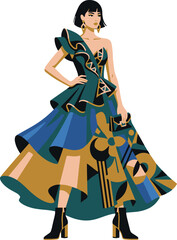 Fototapeta premium Elegant Fashion Gown - Woman in Teal and Gold Geometric Print Ball Gown Illustration