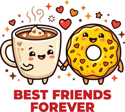 Kawaii coffee and donut best friends forever illustration, cute cartoon food characters holding hands, sweet breakfast pair vector art