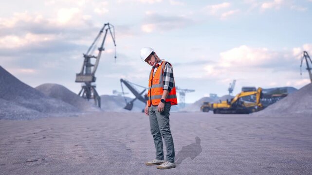 Full Body Side View Of Asian Male Engineer With Safety Helmet Having A Headache While Working at Gravel Stockpile Yard with Cranes and Excavators
