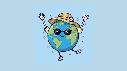 Obraz premium Cute Earth Character Enjoying Summer Vacation With Sunglasses and Straw Hat