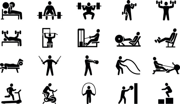 Set of gym workout icons for fitness training and exercise