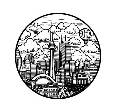 Toronto Skyline in Circular Black and White Line Art