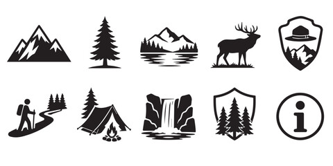 Fototapeta premium Set of black camping and outdoor adventure icons featuring mountains, wildlife, and hiking symbols. A collection of flat vector icons representing wilderness exploration, camping activities 