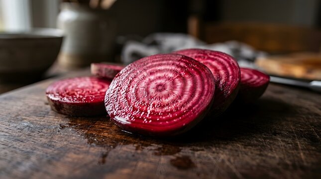 Fresh organic beet slices with vibrant red and white rings arranged on a rustic wooden cutting board