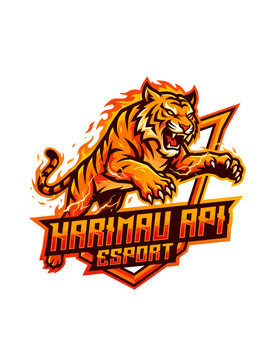 A vibrant esports logo featuring a powerful flaming tiger mascot leaping over the team name 'HARIMAU API ESPORT' with fiery accents.