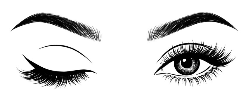 Beautiful female eyes with long eyelashes and groomed eyebrows, white background, makeup art