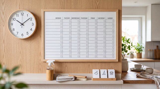 Weekly chore chart and clock on wooden wall for home organization